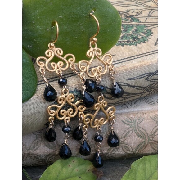 Vintage Gold Vermeil Black Chandelier Earrings, Romantic Gift - Picture 5 of 9
